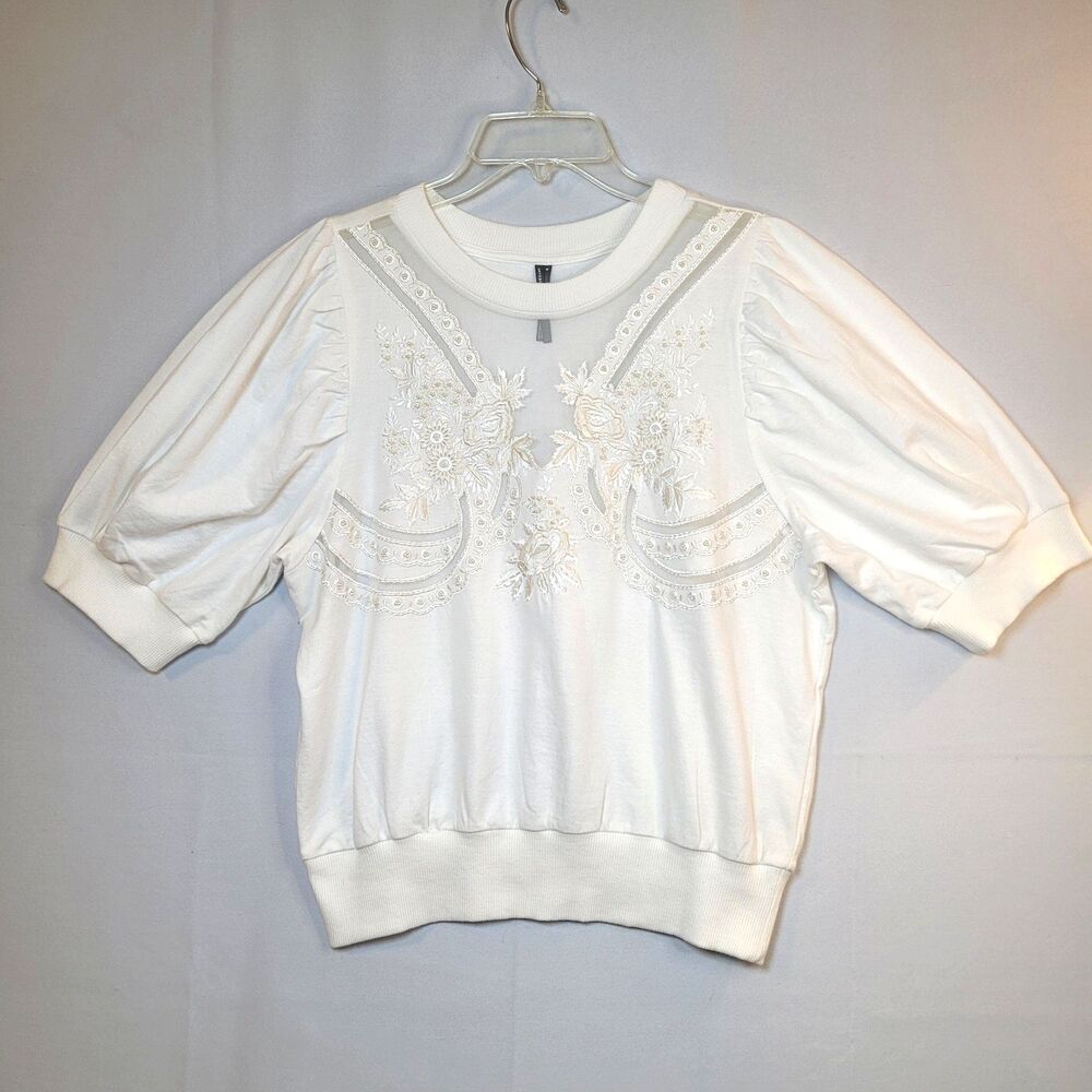 By Anthropologie Wmn Embroidered Beaded Puff Sleeve Sweatshirt Top Ivory Sz Med - Picture 3 of 13